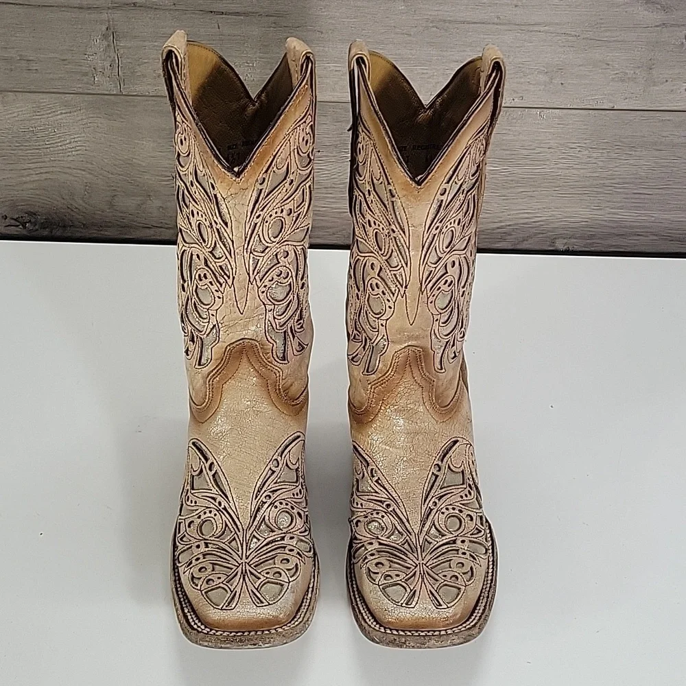 Girls Corral Tan Cut-Out Western Boots Sz 4.5